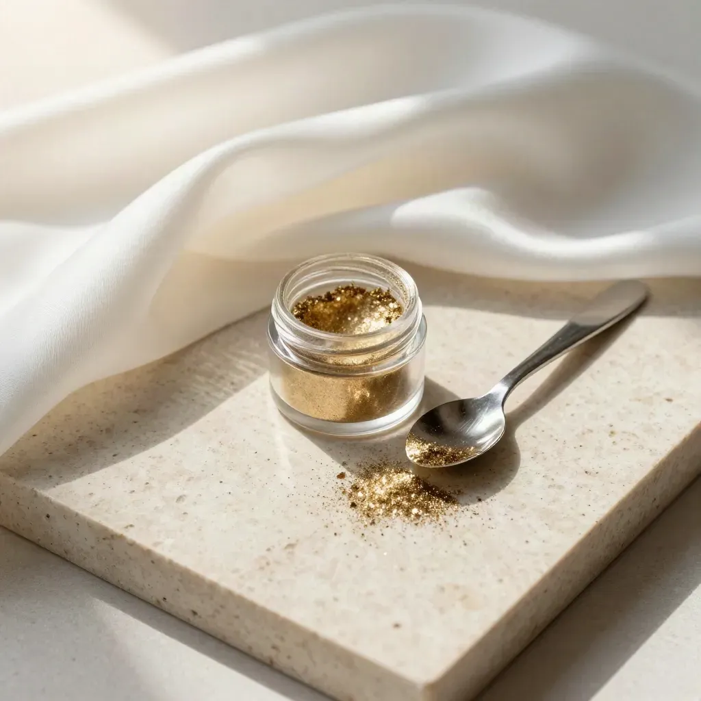 Clear pigment jar in pearl silk with metal scoop and crescent spill on pale stone.