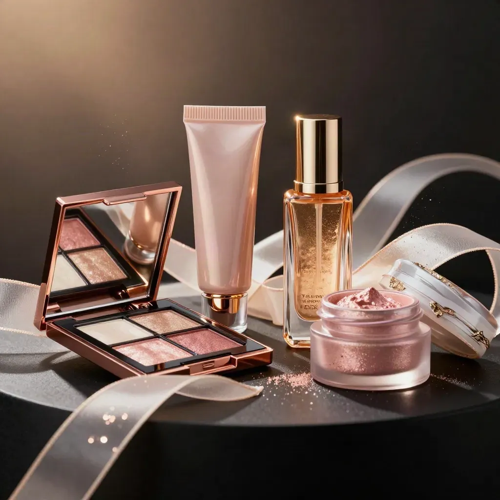 Rose gold beauty gift set with palette, gloss, oil and pigment on a matte-black plinth.