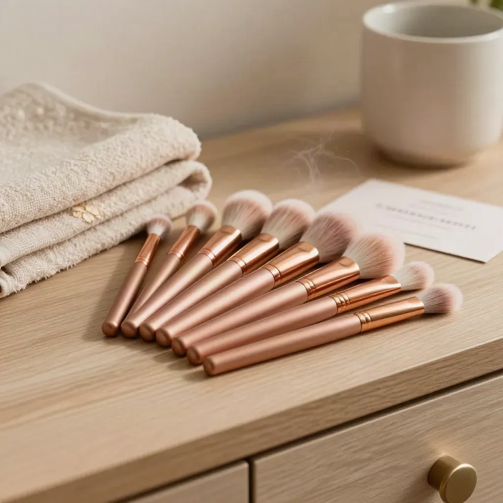 Rose gold makeup brush set fanned beside towel and cup on pale oak