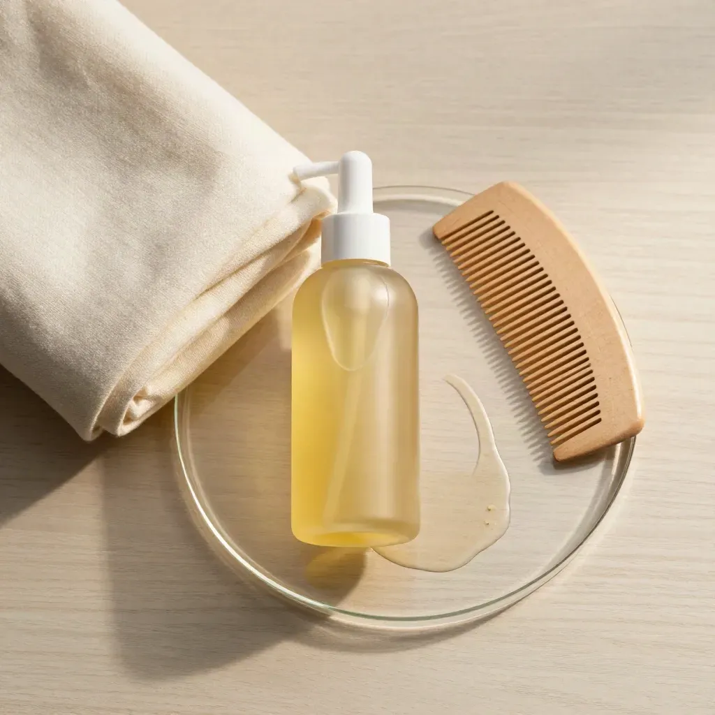 Overhead flatlay of body oil bottle with cloth, glass tray and comb on pale wood