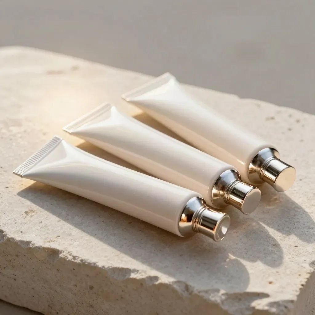 Three gloss tubes on pale stone with one cap offset, lit in a luxe macro close-up.