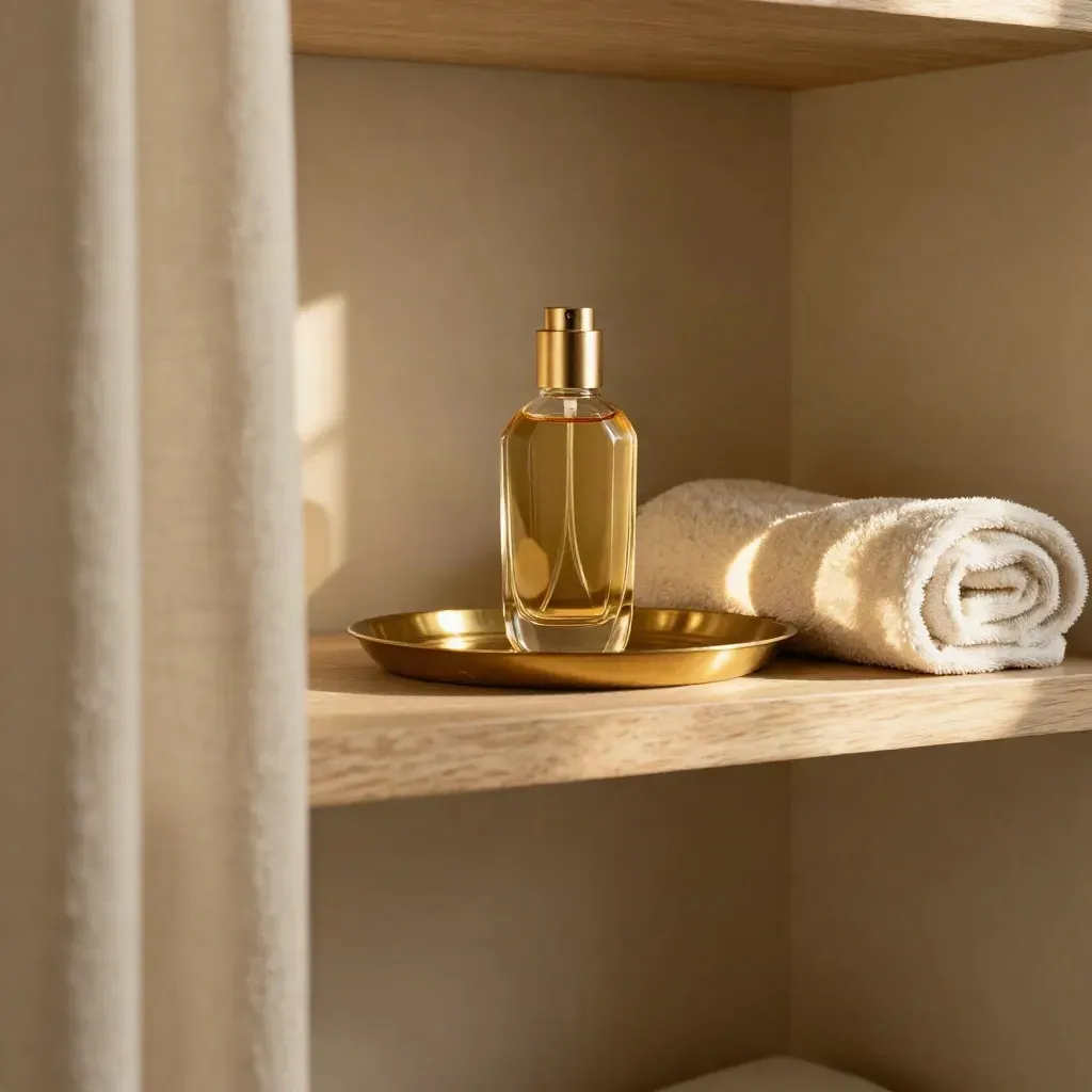 Body oil bottle, brass tray and rolled towel in a warm plaster niche with sunlit calm copy space.